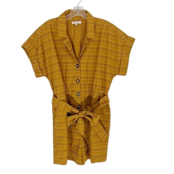 EUC Madewell Mustard Elastic Waist Belted Seersucker Camp Romper in Summer Sand - Picture 2 of 8